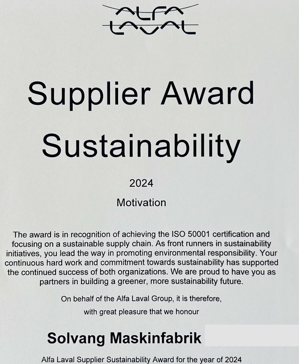 Alfa Laval Supplier Sustainability Award 2024 tildelt Solvang Maskinfabrik